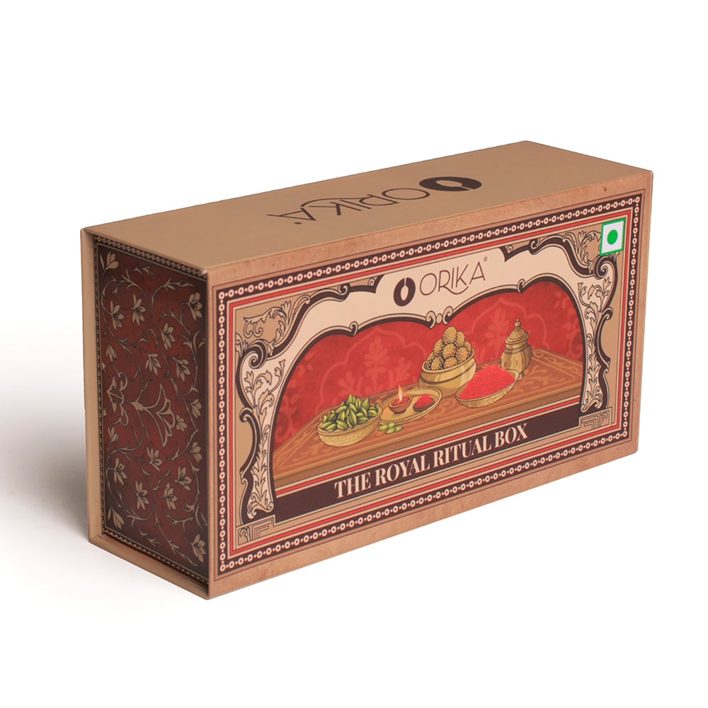 Royal Ritual Gift Box | Kashmiri Pampore Saffron 0.25g, Idukki Bold Green Cardamom 25g & Espresso Till Laddoo